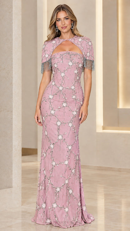Dusty rose beaded floor-length formal dress with cutout detail