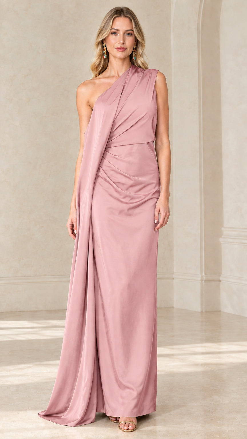 Front view of woman wearing Dusty Rose one-shoulder draped maxi evening gown