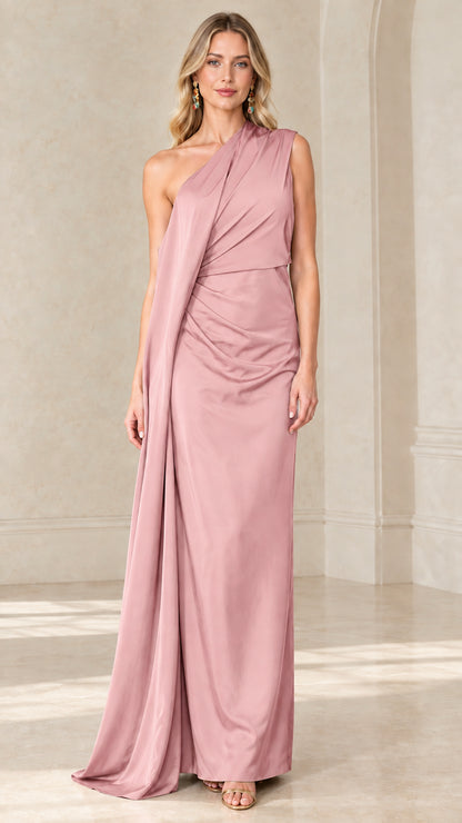 Front view of woman wearing Dusty Rose one-shoulder draped maxi evening gown