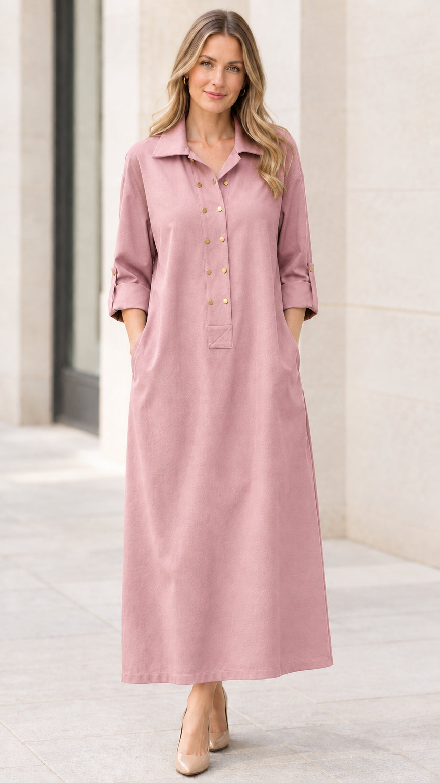 Full front view of women's dusty pink collared button-front maxi shirt dress