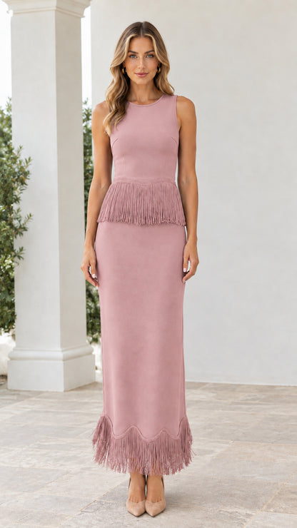 Dusty pink sleeveless formal maxi dress with waist fringe and scalloped fringe hem