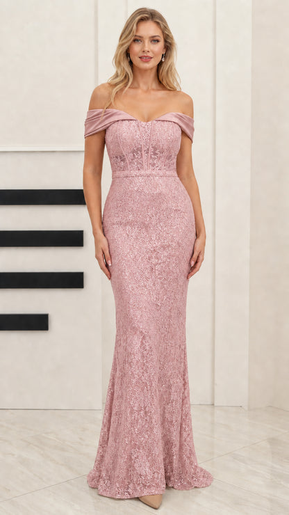 Front full-length view of dusty pink sequin lace mermaid evening dress