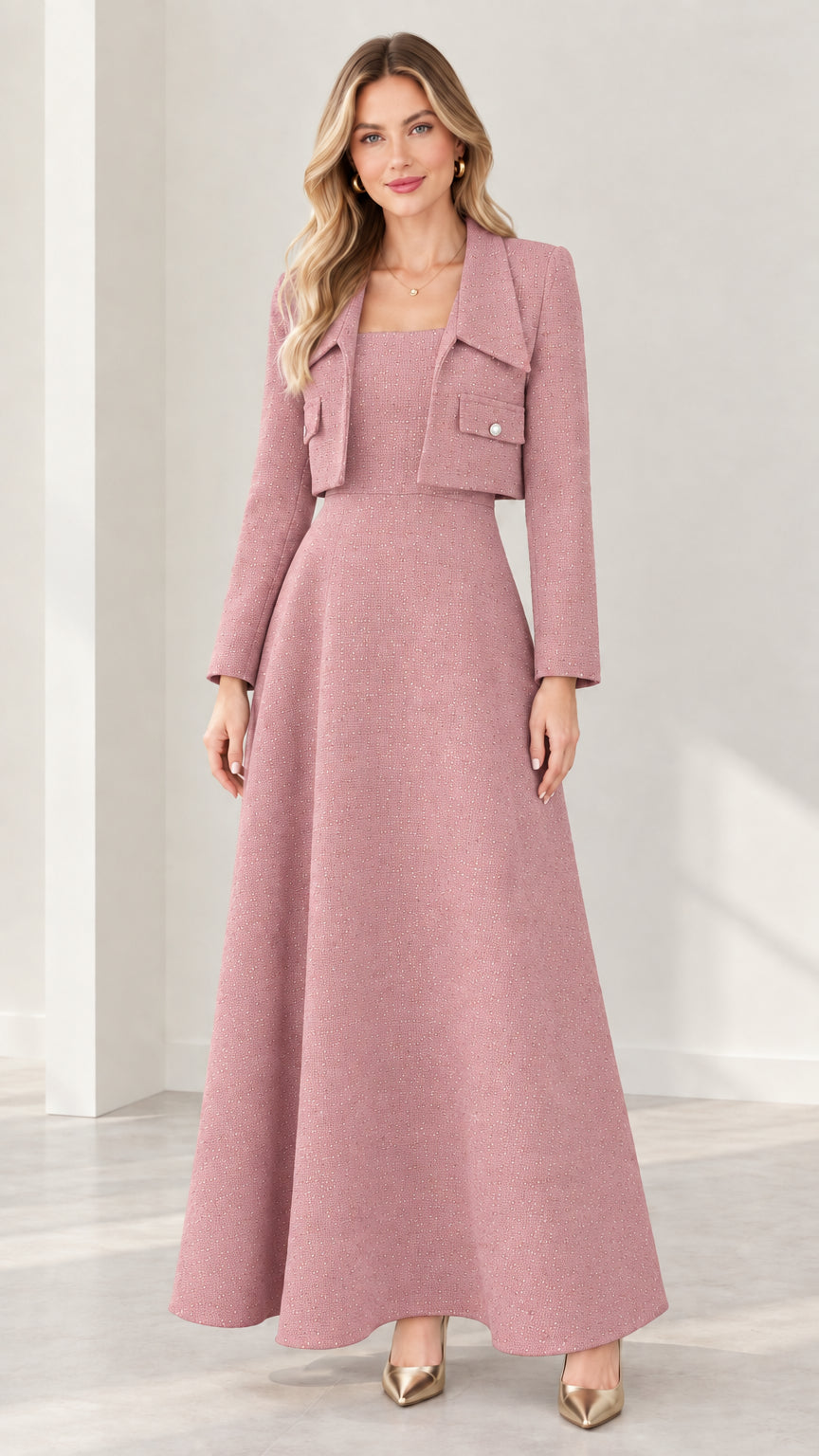 Dusty pink tweed two-piece formal dress set with cropped jacket