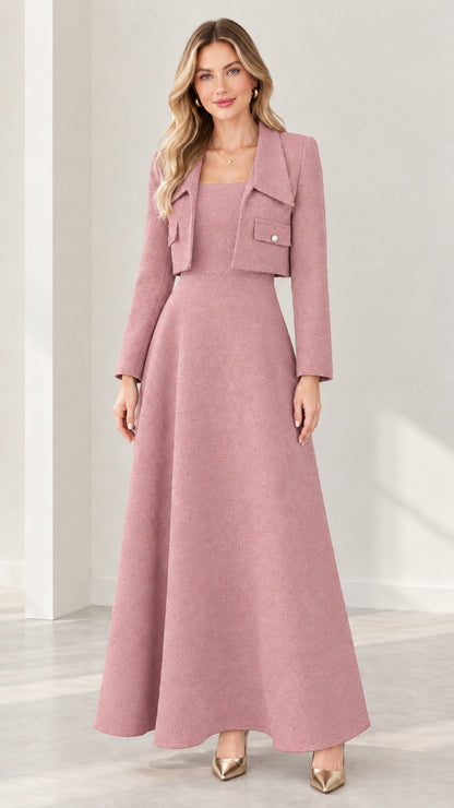 Dusty pink tweed two-piece formal dress set with cropped jacket