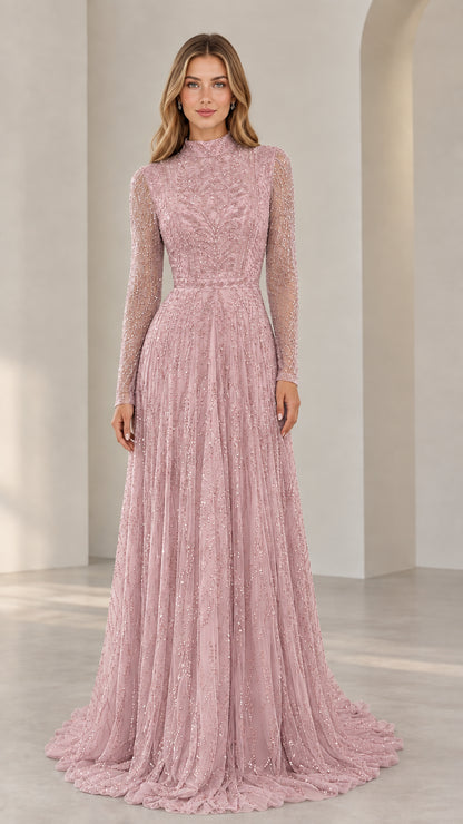 Woman wearing Dusty Rose high neck embellished A-line evening dress