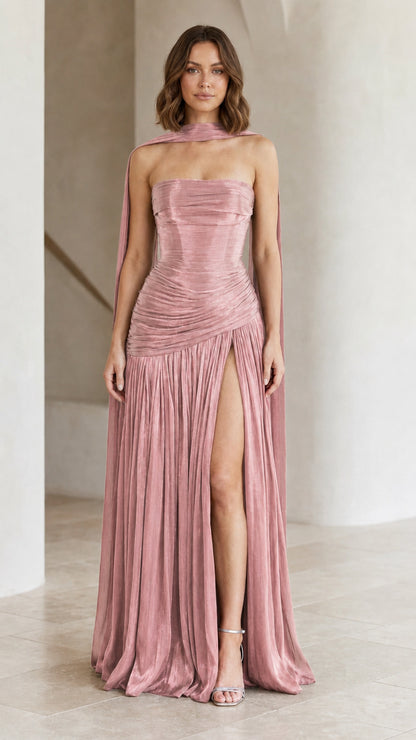 Dusty pink strapless metallic pleated evening gown with high leg slit