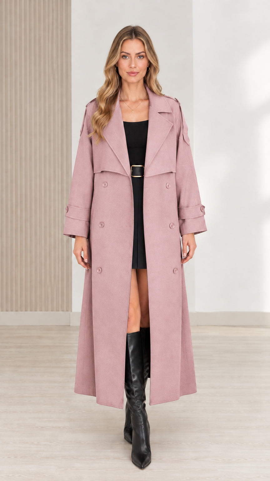 Front view of women's dusty pink maxi trench coat
