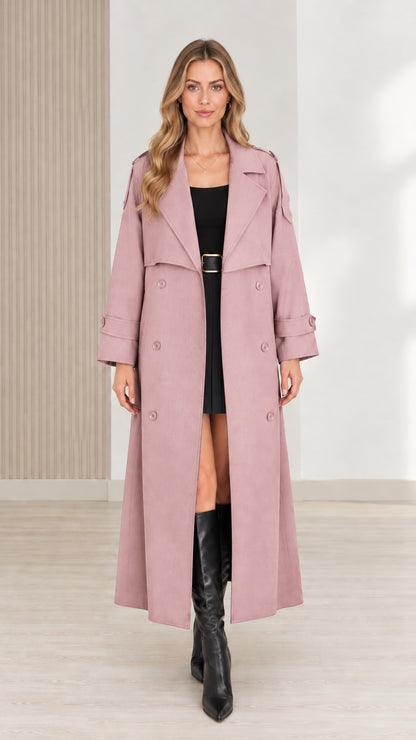 Front view of women's dusty pink maxi trench coat