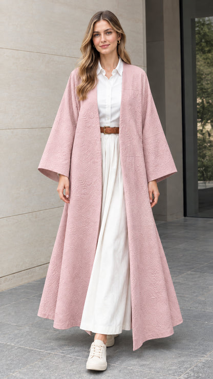 Front full-length view of woman wearing dusty pink textured jacquard maxi duster robe