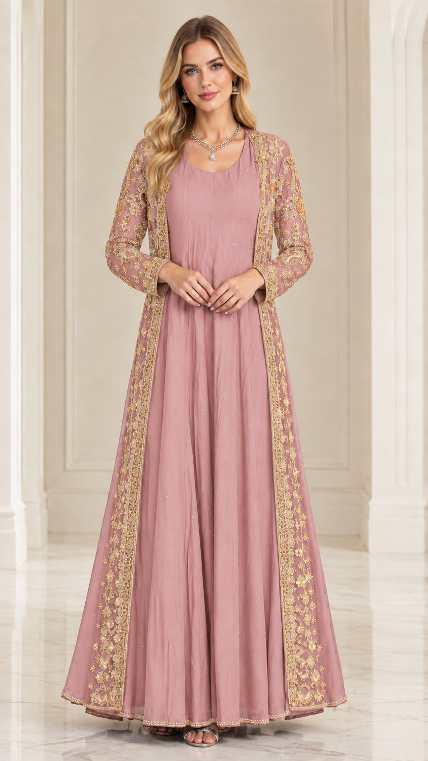 Dusty rose pink maxi dress set with ornate gold metallic embroidered long jacket