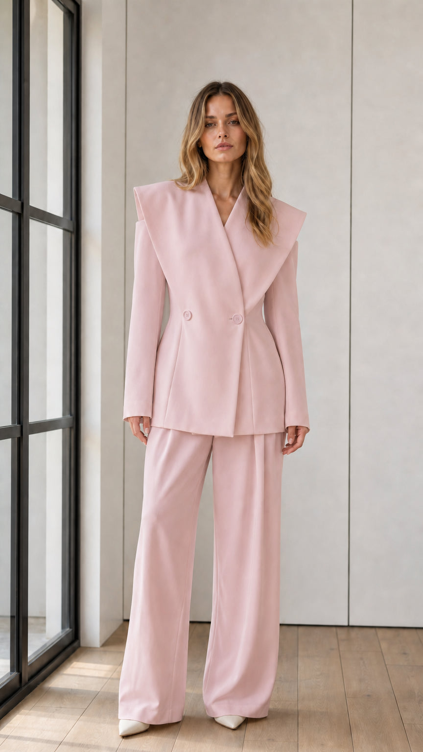 Full-length front view of model in blush pink wide lapel tailored pantsuit set