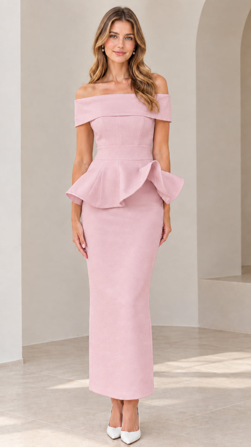 Front view of model wearing blush pink off-the-shoulder peplum maxi dress