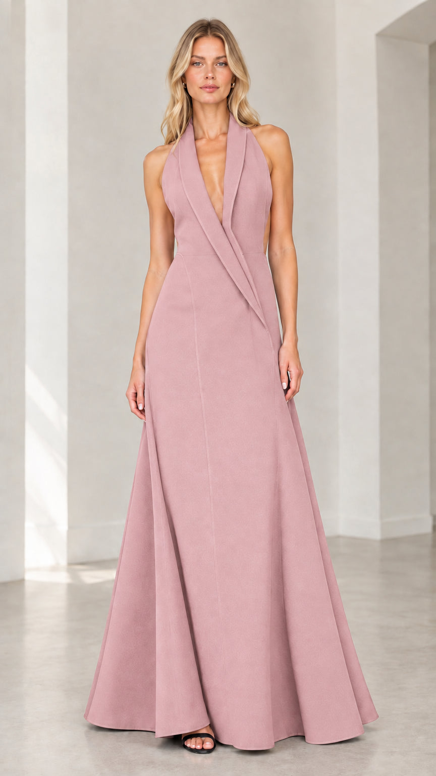 Front view of dusty pink halter tuxedo backless formal evening dress