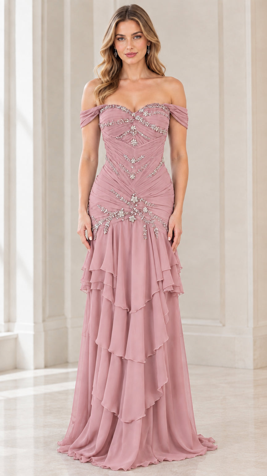 Front view of dusty rose off-the-shoulder beaded tiered evening gown