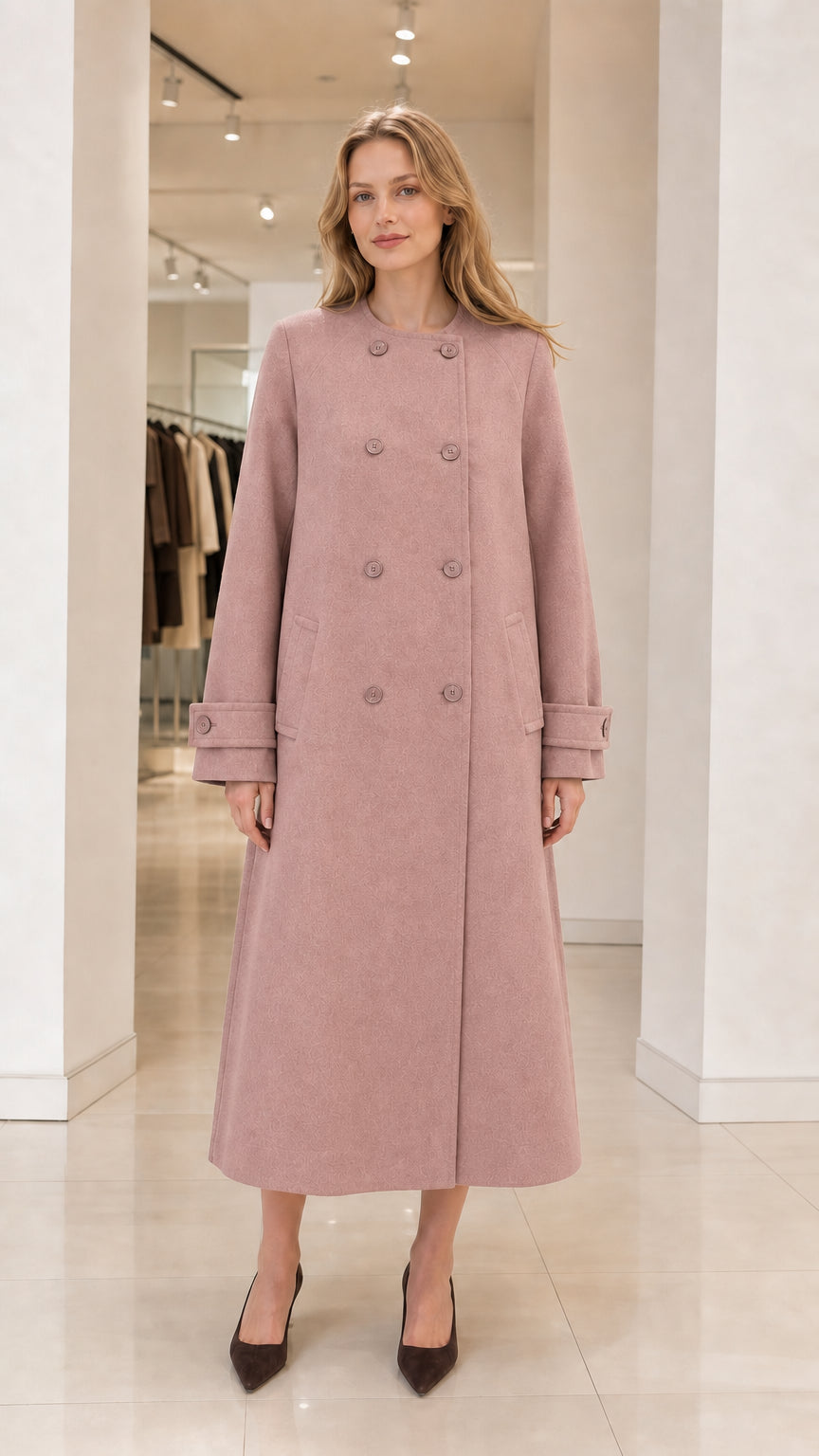 Front view of woman modeling dusty pink longline double-breasted coat