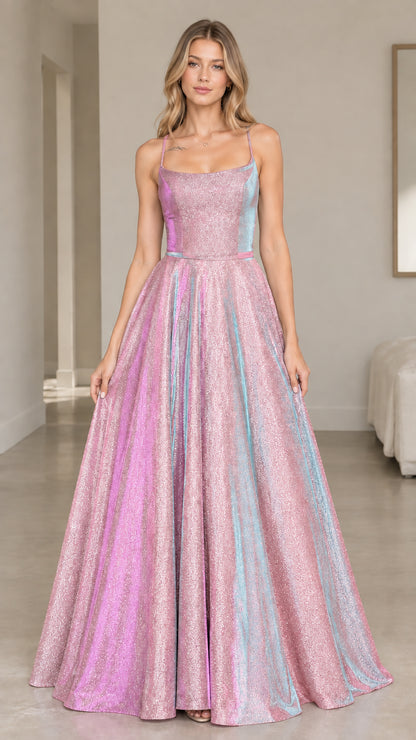 Front view of the blush pink glitter A-line maxi dress