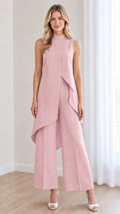 Front view of dusty pink draped wide leg formal jumpsuit