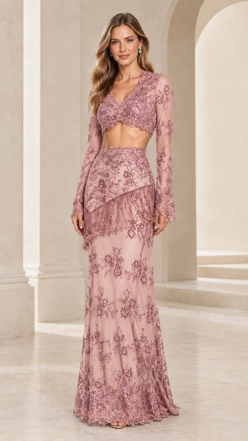 Front view of model wearing Dusty Rose two-piece sequined lace maxi gown set