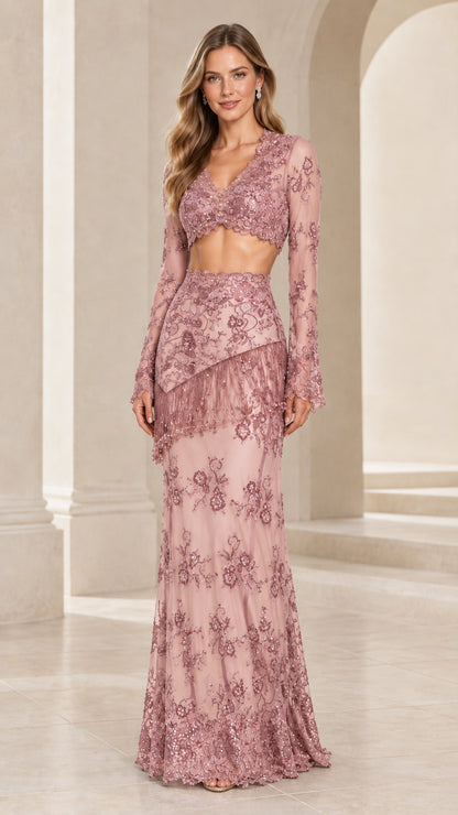 Front view of model wearing Dusty Rose two-piece sequined lace maxi gown set
