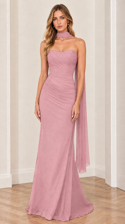 Dusty pink strapless ruched bridesmaid maxi gown with neck streamer scarf