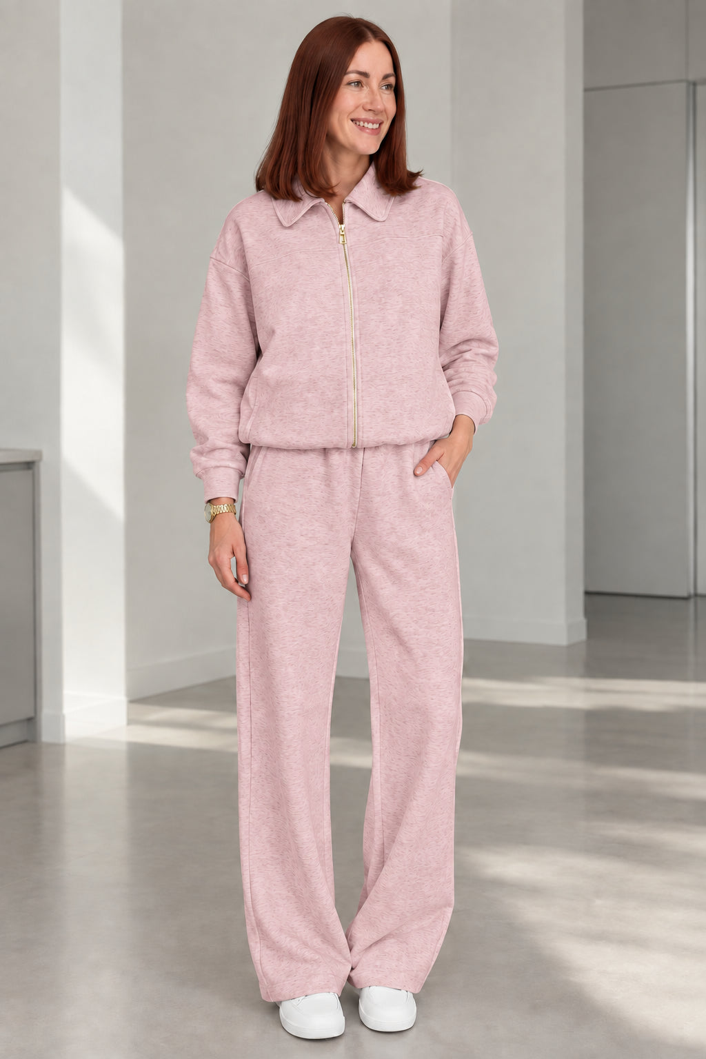 Woman wearing Blush Pink two-piece collared lounge set