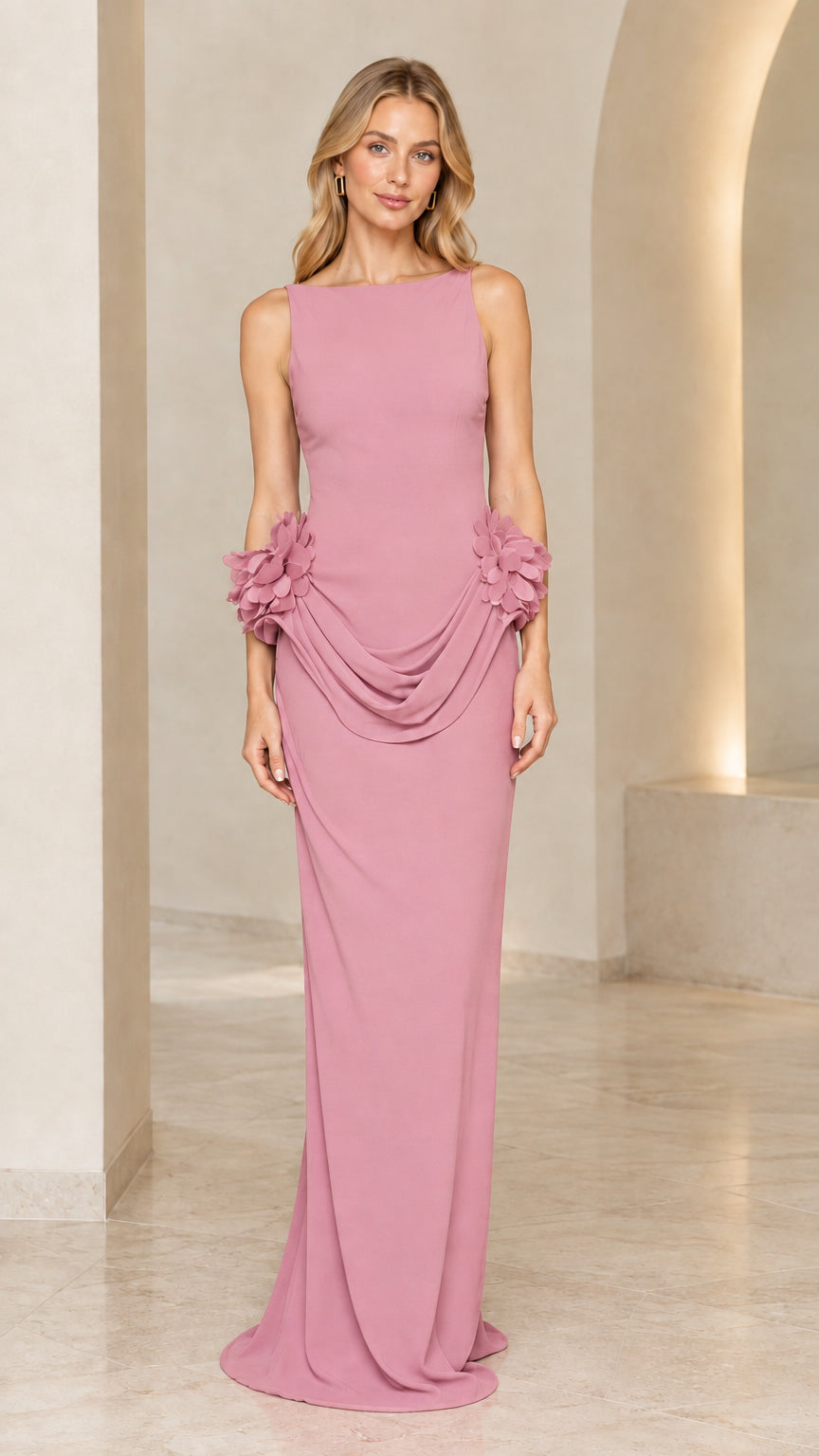 Dusty pink elegant boat neck backless formal maxi dress