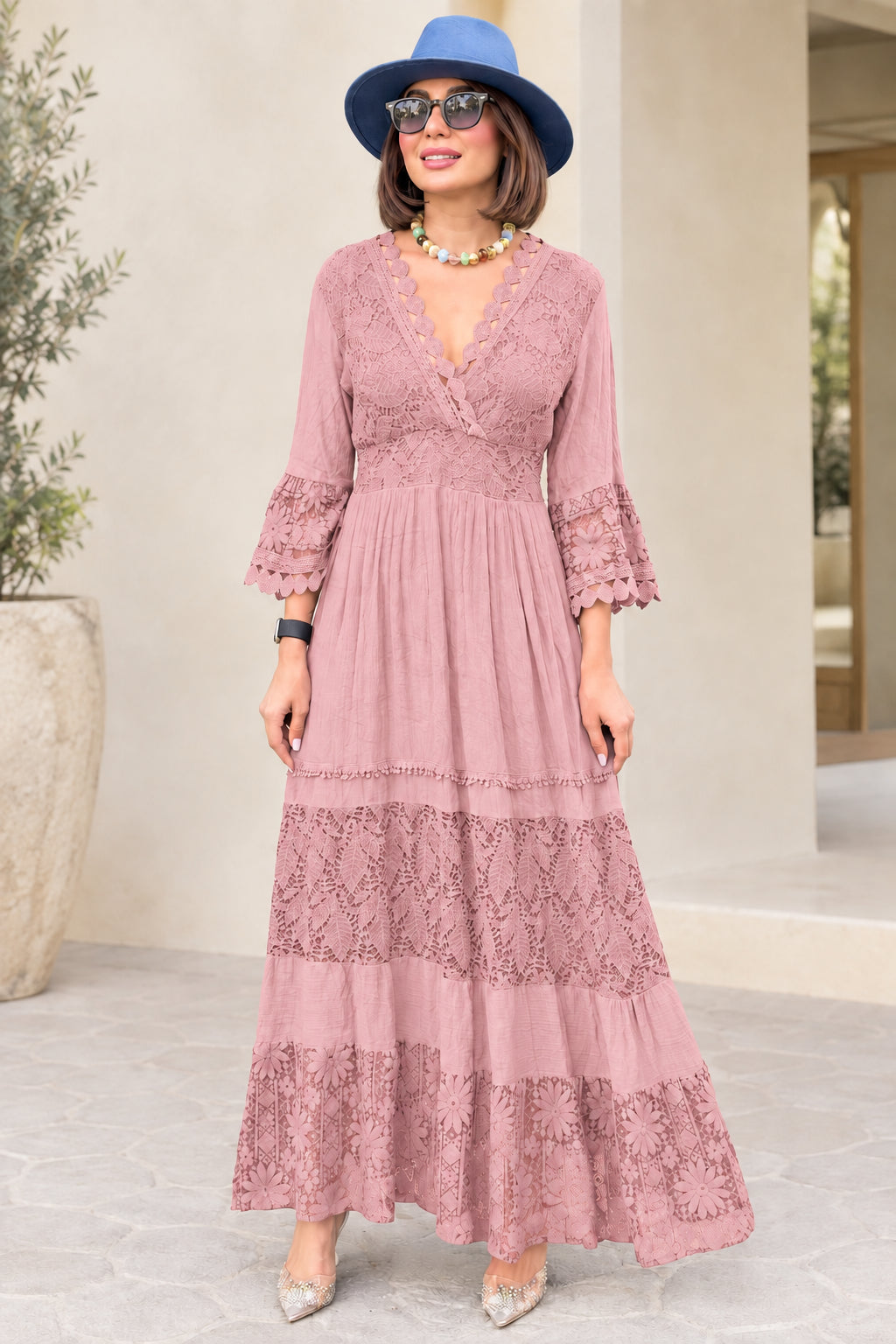 Dusty Pink lace tiered maxi dress with crochet detailing and smocked waist