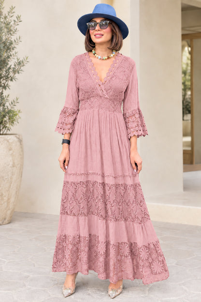Dusty Pink lace tiered maxi dress with crochet detailing and smocked waist