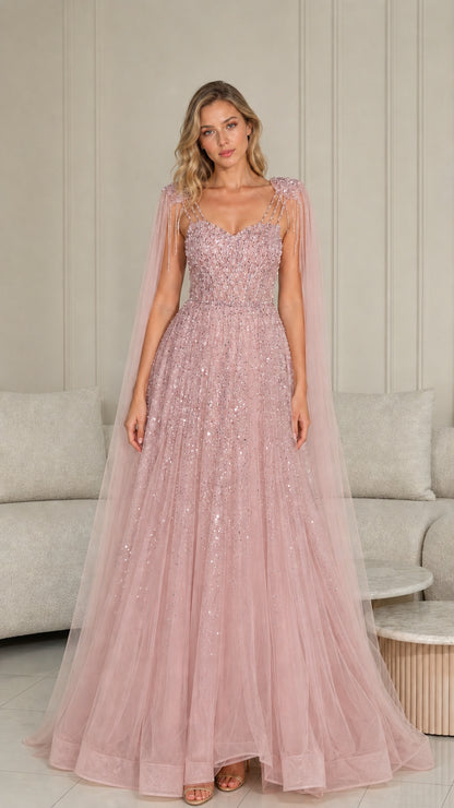 Blush pink sequin A-line tulle gala gown with draped cape sleeves
