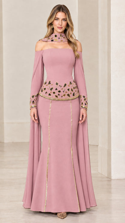 Dusty pink cold-shoulder mermaid evening gown with gold embroidery and cape sleeves