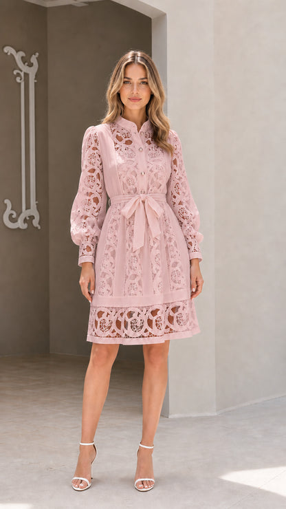 Model wearing blush pink long sleeve embroidered lace belted shirt dress