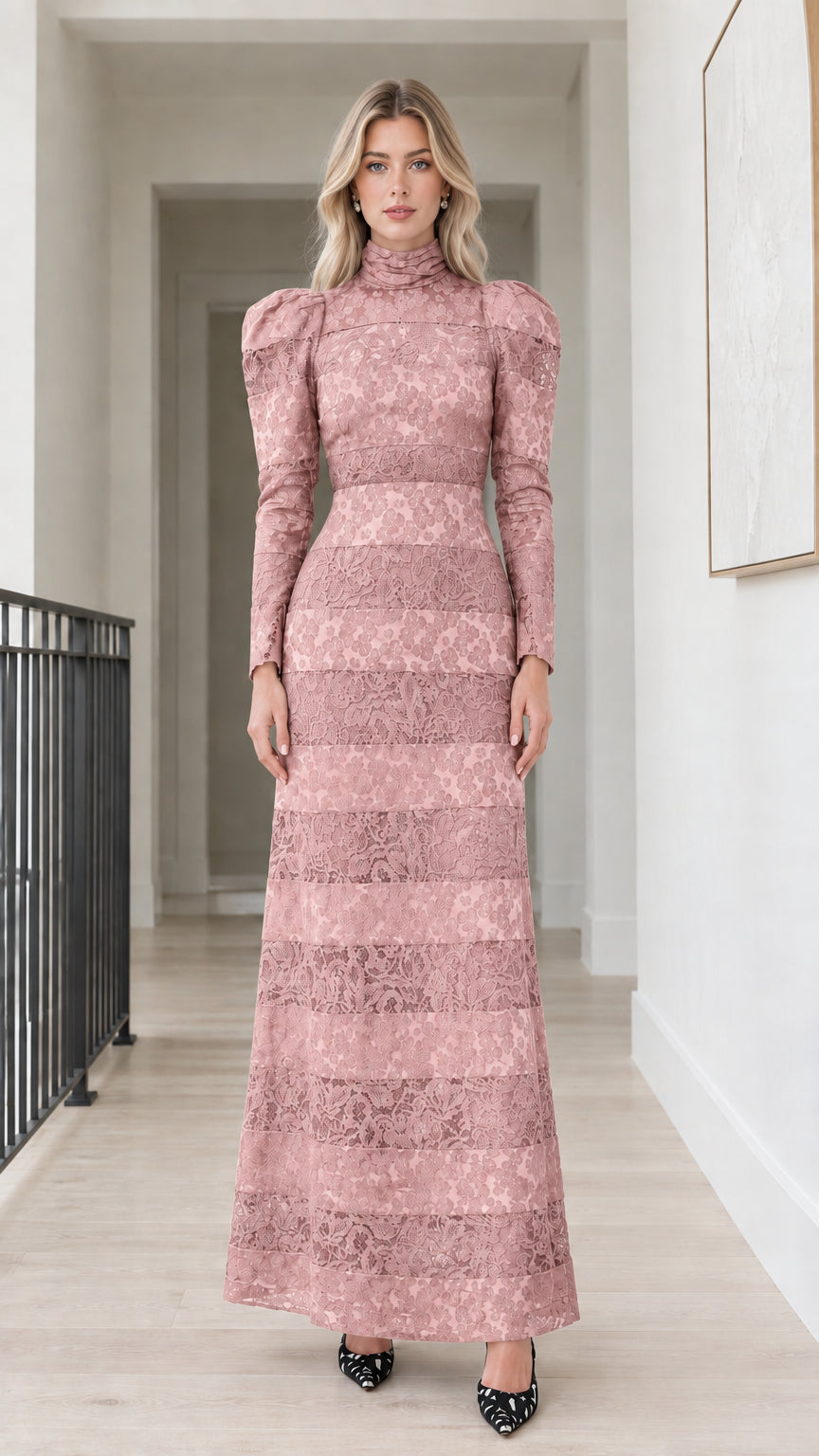 Front view of model wearing Dusty Pink long sleeve tiered lace evening maxi dress