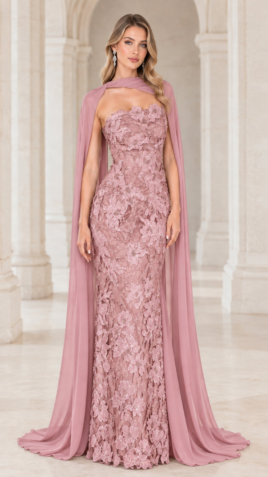 Dusty Rose Strapless Floral Embroidered Maxi Gown with Sheer Cape