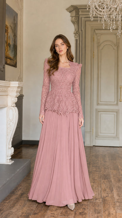 Full-length view of Dusty Rose pink lace peplum mother of the bride maxi dress