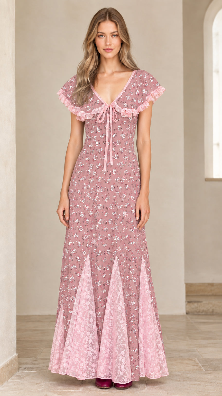 Dusty pink floral maxi dress with contrast pink lace collar and godet panels