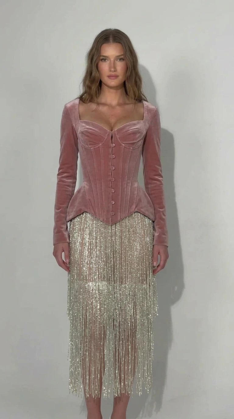 Dusty pink velvet corset long sleeve dress with shimmering fringe skirt
