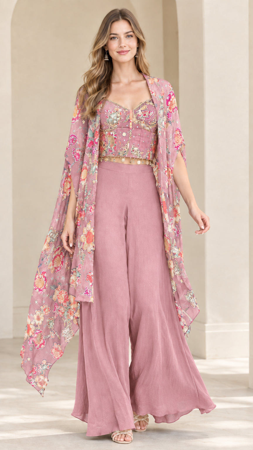 Dusty pink floral cape top and flowing palazzo pants set