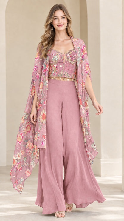 Dusty pink floral cape top and flowing palazzo pants set