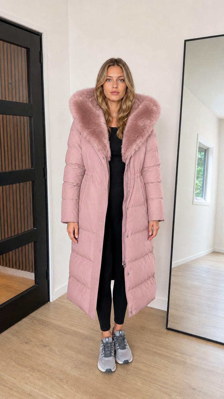 Full length dusty pink hooded maxi puffer coat with matching plush trim