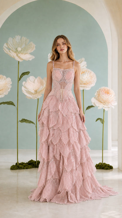 Blush pink embellished corset evening gown with cascading tiered ruffles
