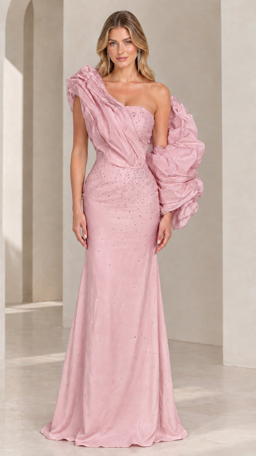 Blush pink embellished one-shoulder maxi gown with statement ruffle sleeve