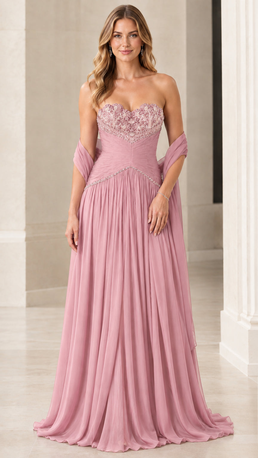 Dusty pink strapless beaded chiffon formal maxi dress with matching wrap
