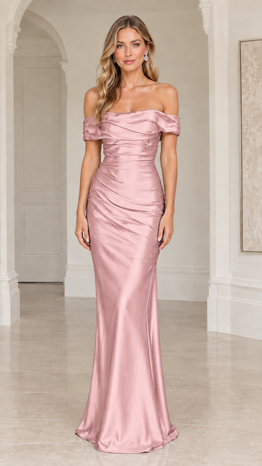 Front view of model wearing a Dusty Rose pink off-the-shoulder satin maxi dress