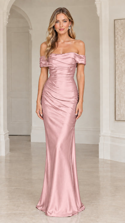 Front view of model wearing a Dusty Rose pink off-the-shoulder satin maxi dress