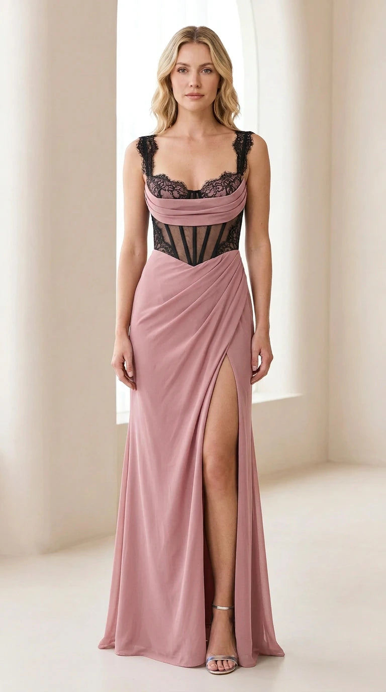 Dusty rose maxi evening dress with contrasting black lace corset bodice