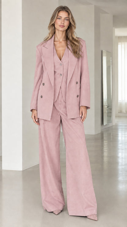 Full front view of dusty pink women's 3-piece tailored suit set