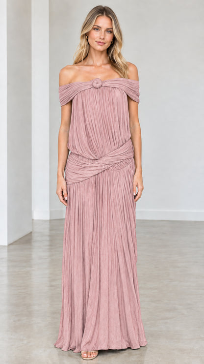 Full-length front view of model wearing Dusty Rose pleated maxi dress