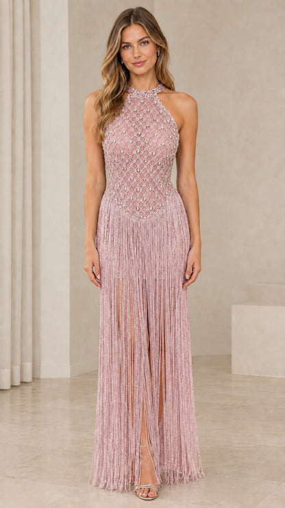 Blush pink halter neck beaded lattice fringe formal gown
