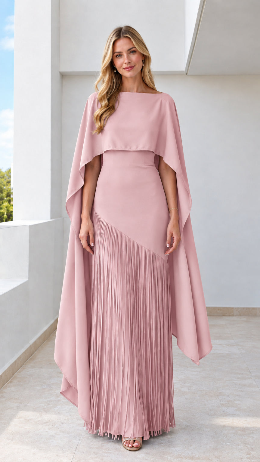 Dusty pink floor-length evening gown with draped cape overlay and fringe skirt