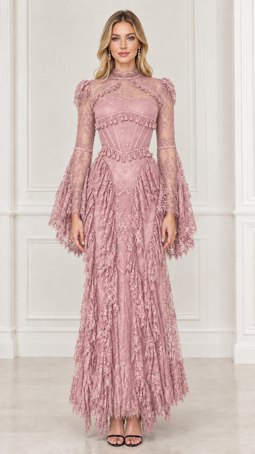 Dusty pink Victorian corset lace maxi dress with long flare sleeves